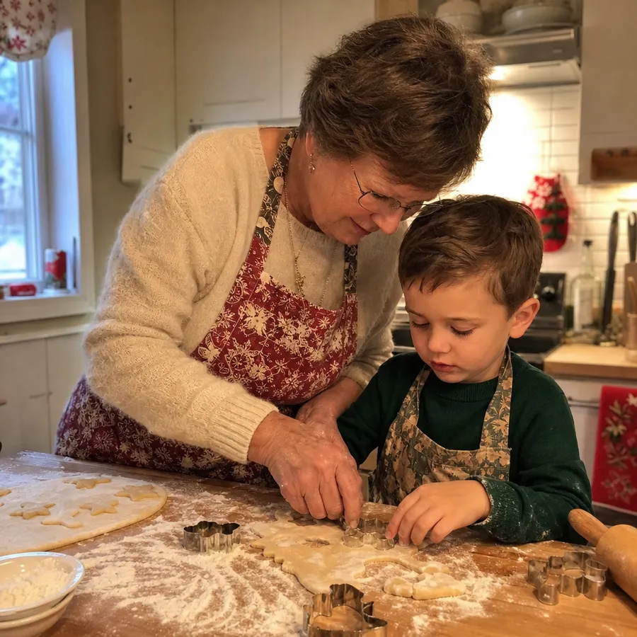 Foto beim Plätzchenbacken mit der Oma