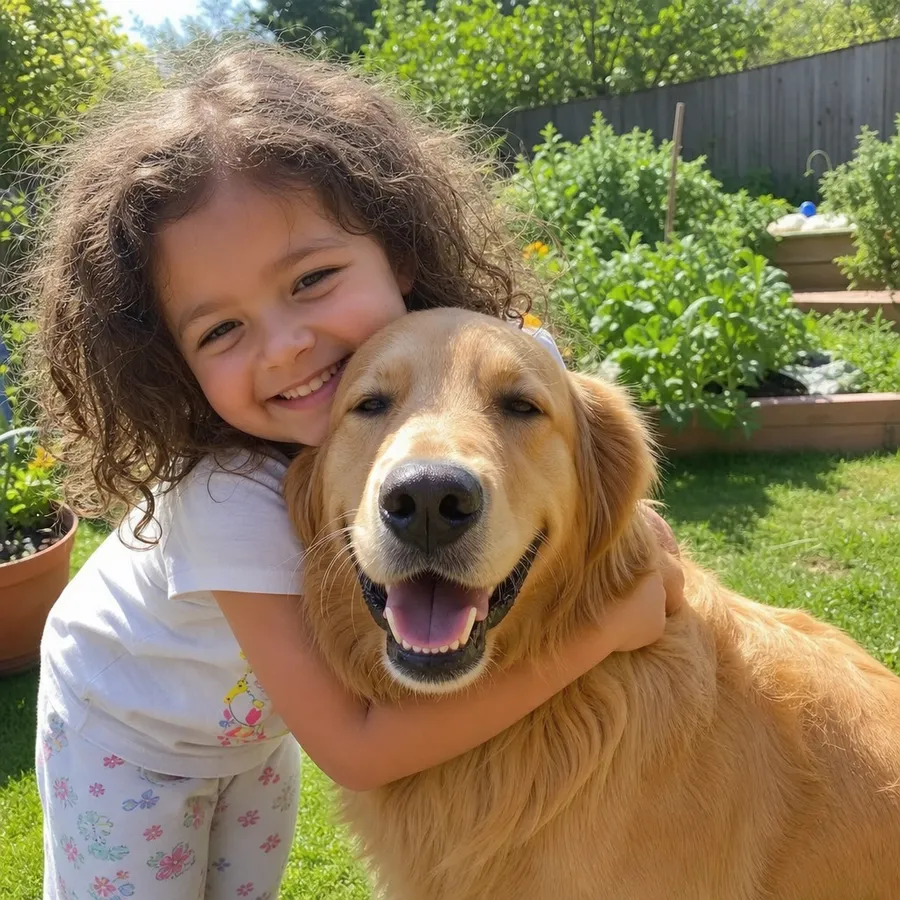 Foto: Mädchen umarmt einen Golden Retriever im Garten